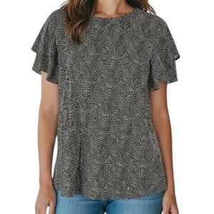 NWT ADRIANNA PAPELL Black & White Printed Ruffle Short Sleeve Blouse Size Large